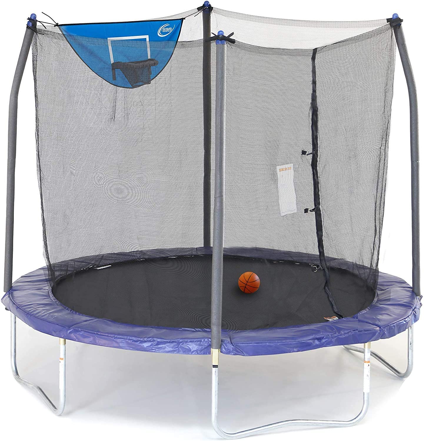 Skywalker 8-Foot Jump N’ Dunk Trampoline with Enclosure Net– Basketball Trampoline